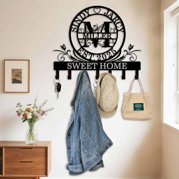 Personalized Monogram Key Holder for Wall, Custom Family Name Hooks | Monogram name design with rust-resistant metal, free hardware, ideal for new home, wedding, couples and housewarming