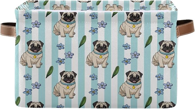 Cute Cartoon Pugs Storage Basket Bin, Foldable Fabric Organizer | Cute pug storage basket with canvas fabric, steel support, foldable design and handles for closet, bedroom and home use.