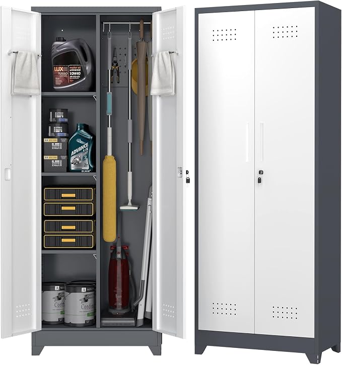 65" H Metal Garage Storage Cabinets with Doors and Shelves, Locking Cabinet, Broom Closet Storage Cabinets with Hanging Rod, Functional Tool Cabinet for Home, Garage, Kitchen