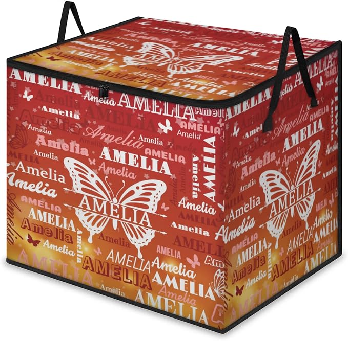 Personalized Name Large Storage Basket with Lid, Canvas Storage Bins Quilt Clothes Organizer for Bedroom, Kitchen, Bathroom, Nursery, Shelves, Closets, Gradient Red Yellow Butterflies