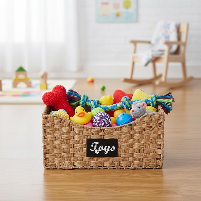 Dog Toy Basket Metal Wire Woven Dog Toy Storage Organizer, Foldable Storage Bin with Label, Decorative Pet Basket for Living Room,Bedroom,Playroom and Home Organization, Pet Owners and Families