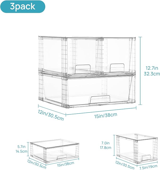 Vtopmart Clear Stackable Storage Drawers, 3 Pack Wide Organizer Set | Wide and Medium Pull-Out PET Drawers with Stackable Design for Flexible Storage, Cabinets, Closets, Pantry