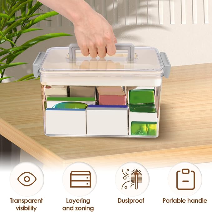 Medicine Organizer Storage Box with Handle, Plastic First Aid Box Empty, Thickened Medicine Container Chest, Multipurpose Medical Case with Lids(transparent color)