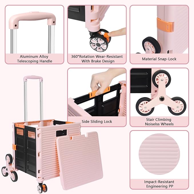 FELICON SELORSS Folding Utility Climber Cart Portable Rolling Crate-Pink | Stair Climbing Wheels+360°Swivel Wheels,Telescoping Handle,Plastic Box Dolly for Travel Shop Move Laundry Office Teacher Use
