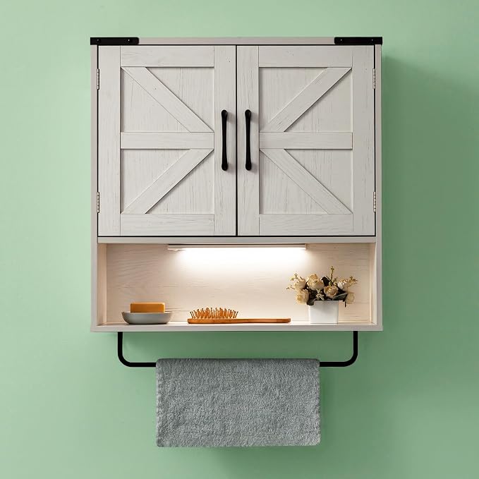 24" Bathroom Wall Cabinet with Barn Doors, Towel Bar & Sensor Light | 3-Color Motion Sensor LED / Double Barn Doors / Adjustable Shelf / Open Shelf / Built-in Towel Bar / Farmhouse Style