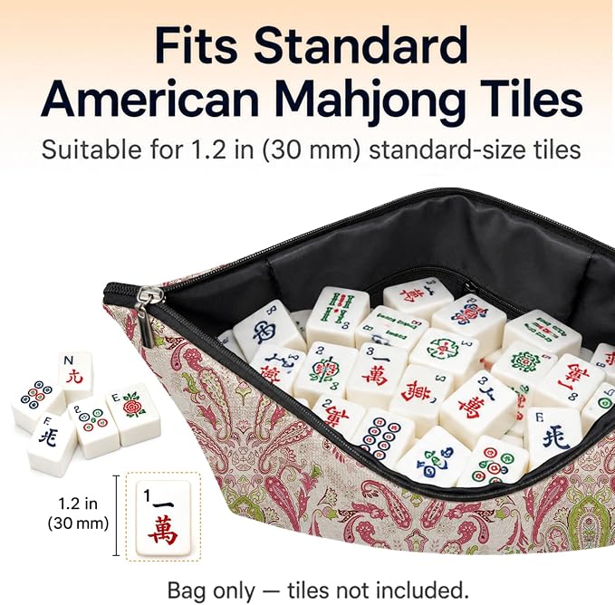 Boho Pink Paisley Empty Mahjong Tile Bag 13x7.8 Inch | Pink Green Floral Portable Travel Case Organizer Zipper Pouch for American Mahjong Tiles Game Night Accessories and Gifts