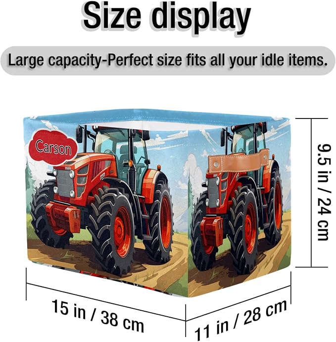 Personalized Name Storage Basket with Handles, Canvas Storage Bins Toys Clothes Organizer for Bedroom, Kitchen, Bathroom, Nursery, Shelves, Closets, Rural Farm Tractor