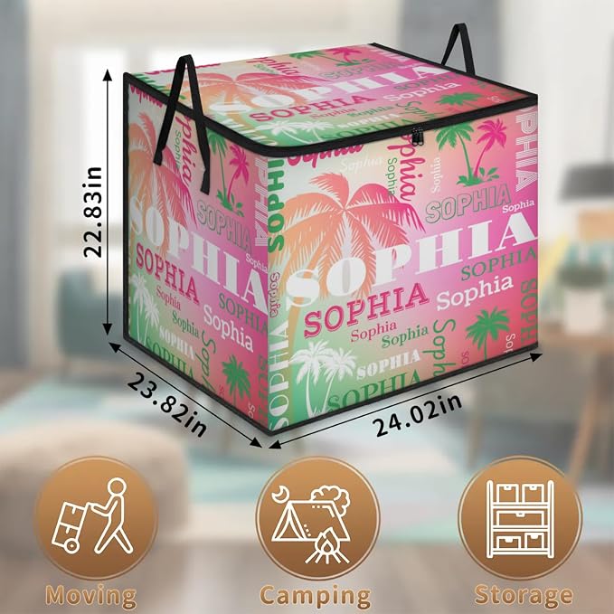 Custom Name Large Storage Bin with Lid, Personalized Storage Basket with Zippers Comforters, Blankets, Bedding Closet Shelf Baskets, Green Pink Tropical Palm Trees Gradient Pink Green Background
