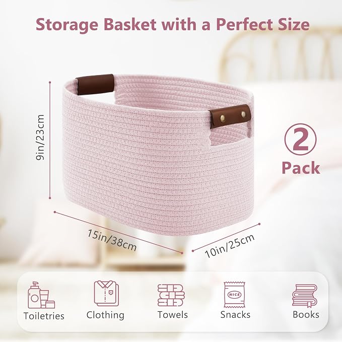 ECDYQXVU 15x10x9 Woven Cotton Rope Storage Basket, Leather Handles 2 Pack | Foldable Design, Sturdy PU Handles, Easy to Clean Organizer for Living Room, Closet, Shelves, Bedroom, Laundry, Clothes