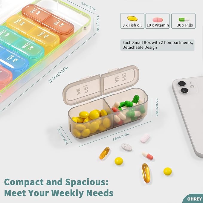 Pill Boxes and Organizer 2 Times a Day, Pill Organizer 2 Times a Day, Weekly Pill Organizer, Travel Pill Organizer Case for Vitamins, Fish Oils+ 2 Detachable Cute Pill Organizer (White)