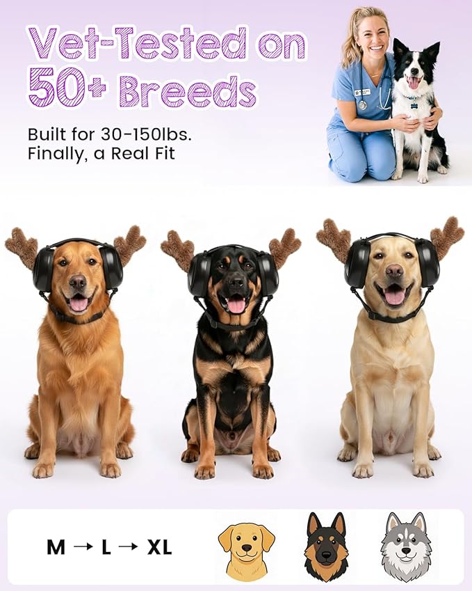 Dog Ear Muffs Noise Protection,Noise Cancelling Dog Ear Muffs for Fireworks, Thunder & Anxiety – Adjustable for Medium to Large Dogs,Calming Lavender Aromatherapy Pads & Detachable Antlers Included