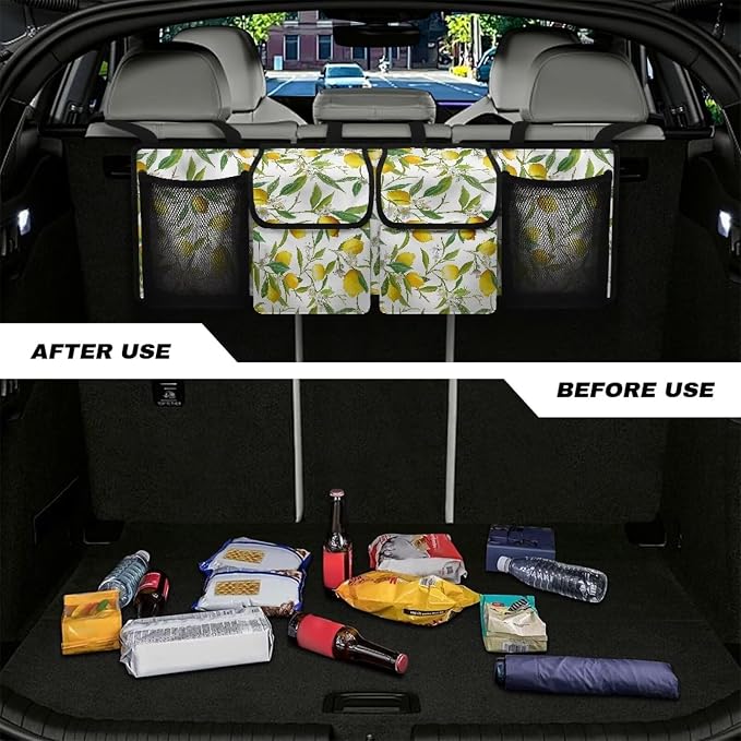 Dreaweet Lemon Trunk Organizer for Car Women,Large Capacity Backseat Trunk Organizer,Collapsible Storage Bag with 4 Pockets,Car Organizer for SUV Truck