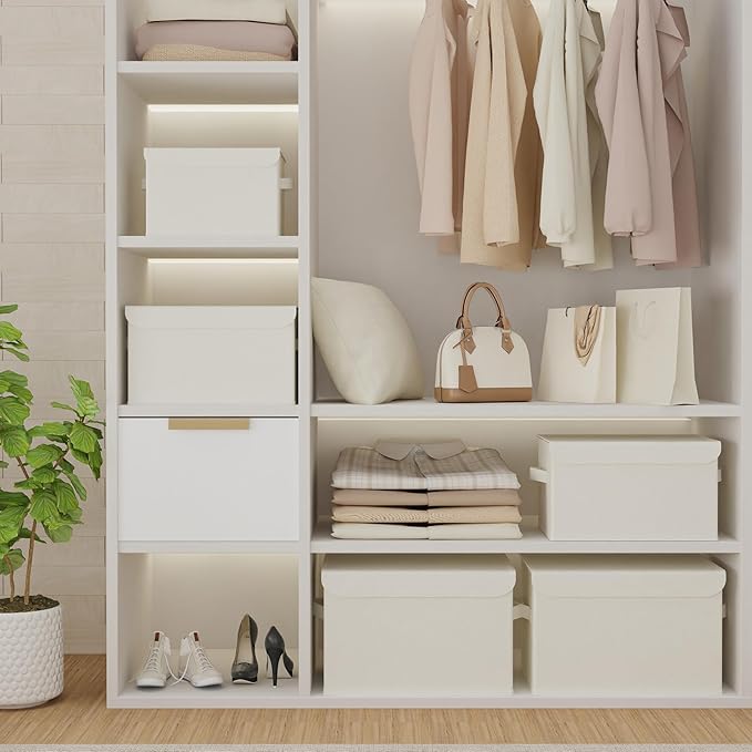 Storage Bin with Lid, Closet Boxes, 4 Pack, Beige, 10.2x7.9x6.7 In | Fabric Clothing Basket with Cover, Collapsible Stackable Organizer Cubes with 2 Handles, for Closets and Bathroom Vanities