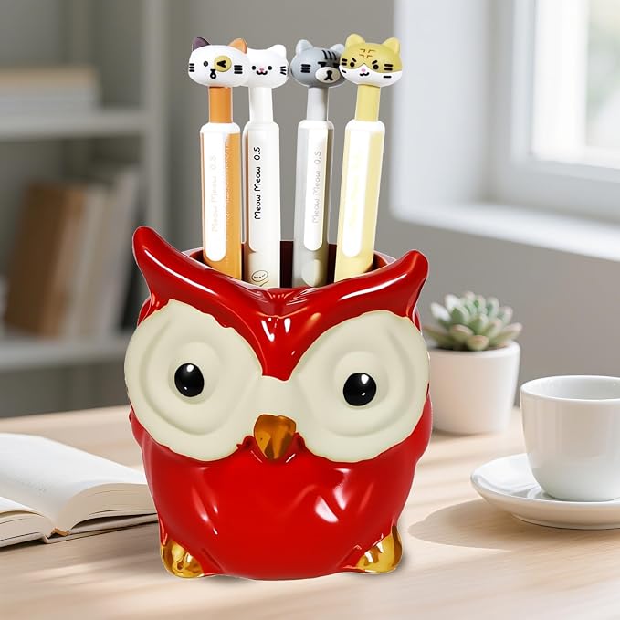 Ceramic Owl Shaped Pen Pencil Holder for Desk Decoration Accessories Owl Decor Makeup Brush Pen Cups Succulent Plant Pot Office School Ideal Gifts for Women, Mom or Birthdays