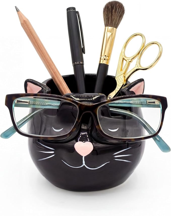 Cat Glasses Holder Stand and Vase - Black Cat Ceramic Sunglasses and Eyeglasses Stand Cat Lady Gift Display and Decor Organizer for Desk Accessories and Stationery Items