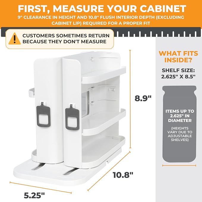 Spice Rack Organizer for Cabinet, 4 Adjustable Shelves | 4 Snap-In Adjustable Shelves, 8.9"H x 6.1"W x 10.8"D, Magnetic Modular Connect, Pivot-Up Shelves, Small Things Tray, No Tools