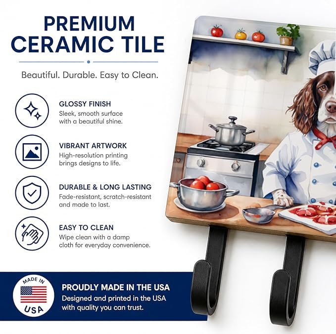 Caroline's Treasures English Springer Spaniel The Chef Leash or Key Holder Wall Hooks, Key Hooks Holder, Coat Rack Wall Mount, Coat Hooks, Hooks for Hanging Keys, Towels, Aprons, Leashes | English Springer Spaniel The Chef artwork on ceramic tile with ...