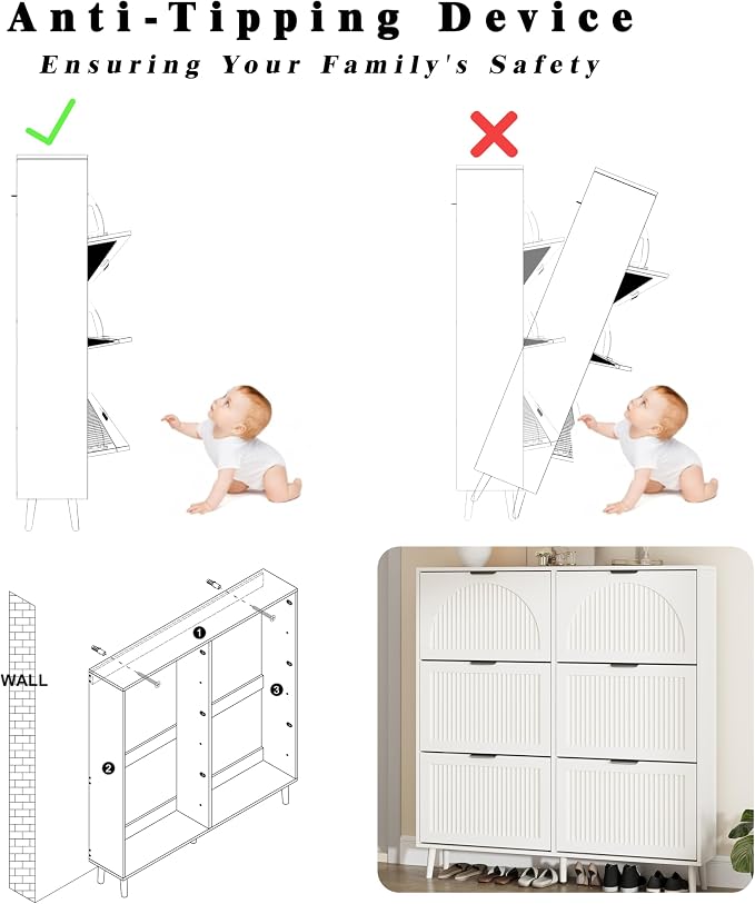 Shoe Storage Cabinet with 6 Flip Drawers, Narrow Wood Shoe Organizer Cabinet with Fluted Panel, Slim Shoe Rack for Entryway, Freestanding Shoe Cabinet for Living Room, Hallway, White