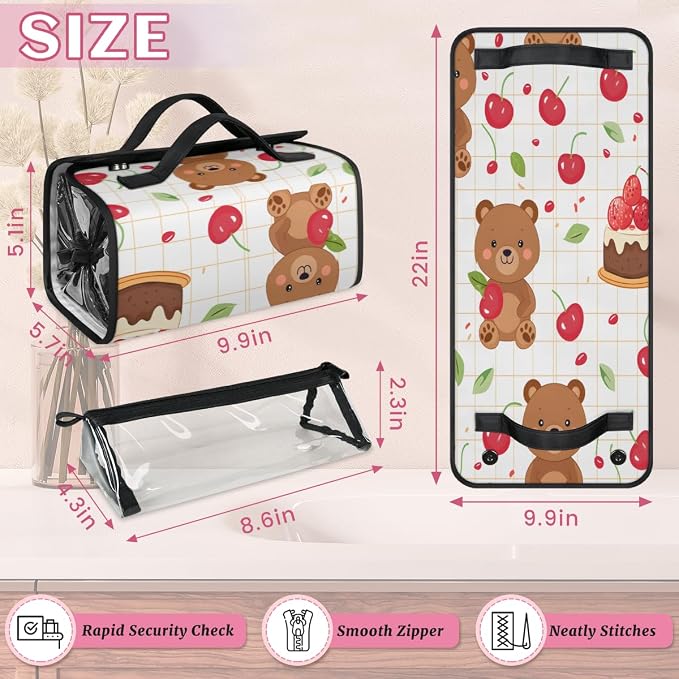 Cherry Makeup Bag for Women Hanging Roll-Up Travel Organizer Toiletry Kit with 4 Removable Compartments, Bear