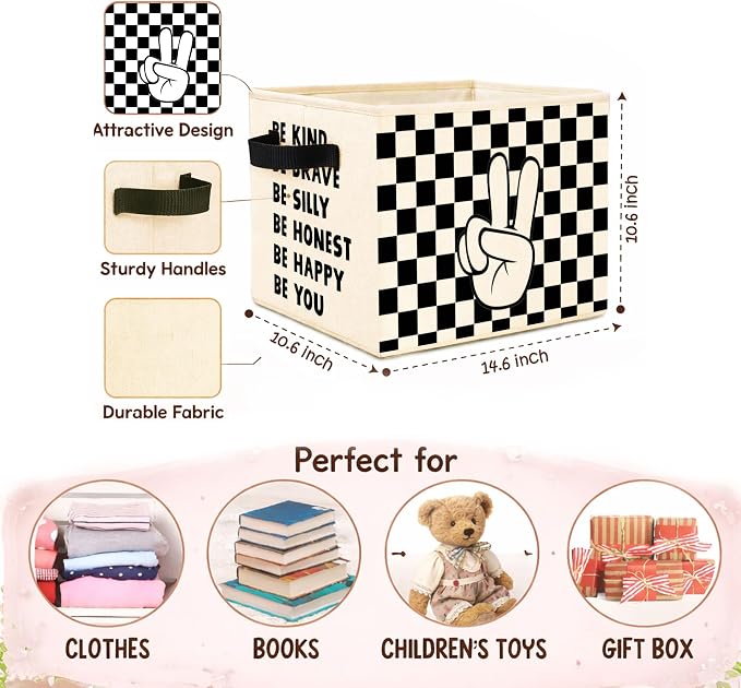 Checkered Storage Bin, Foldable Fabric Basket for Kids Room Nursery | Foldable fabric storage bin with positive quote design for toys, books, clothes, nursery, bedroom, and playroom use.