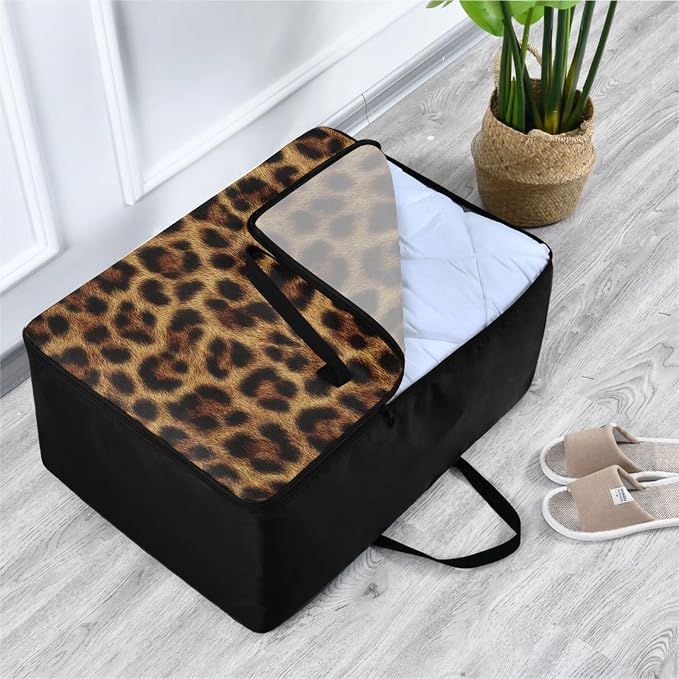Comforter Storage Bags Large Folding Blanket Organizer Bag with Strong Handles Clear Window Closet Storage Containers for Clothes King Queen Pillows Bedding Quilt Duvet Brown Black Leopard Wild