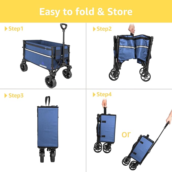 ROSONG Collapsible Wagon Cart with Wheels Foldable - Folding Utility Heavy Duty Wagons Carts for Grocery Sports Garden Shopping Camping Wheelbarrows (Navy Blue, 120L)
