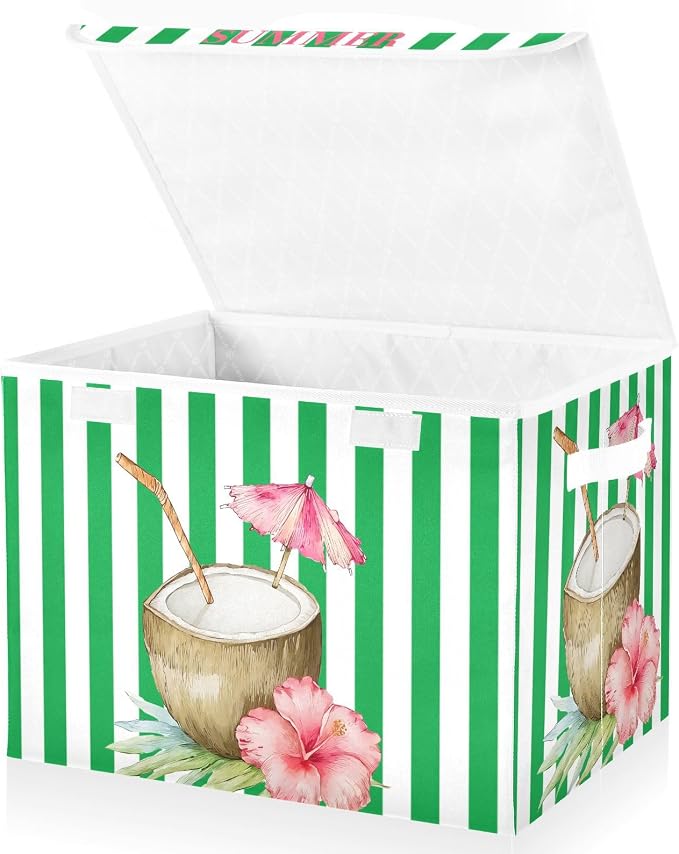 Summer Coconut Fabric Storage Bins with Lid Closet Storage Basket 40L | Foldable & Stackable, Flip Top Dust Guard, Reinforced Handles, Home & Bedroom, Clothes & Toys, Hawaii Print Basket