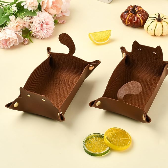 Craftdady 4 PCS Leather Valet Tray Foldable Sienna Cat-Shaped Catchall Tray