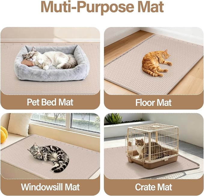 Silicone Cat Bed Mat 40"x28" Pet Crate Mat for Cat Cage, Khaki | Extra Large Cat Sleeping Mat, Non-slip, Washable, Waterproof Pet Bed Mat with Raised Edge, Pet Playpen Mat to Protect Floors
