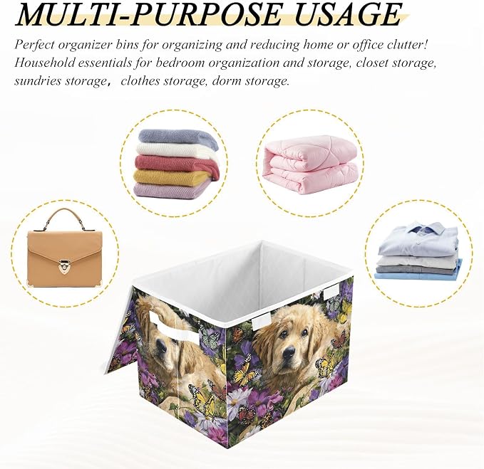 Storage Bins with Lid Dog Butterfly Pet Foldable Storage Boxes 40L Baskets | Decorative Storage Boxes, Dust-Proof Flip Top, Reinforced Handles, For Home & Bedroom, Clothes & Toy Box, Oxford Fabric Print