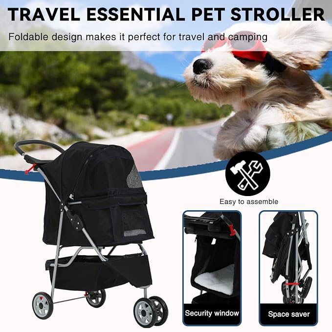 Pet Jogger Stroller, 3-Wheel Folding Carrier for Small Dogs & Medium Pets, Waterproof with Cup Holder & Removable Liner (Black)
