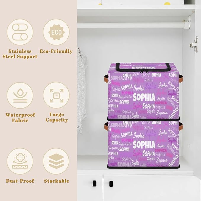 Personalized Storage Basket with Name, Lavender Purple Rectangle Toys Storage Bin with Handles Zipper Lid for Baby, Boys, Girls, Collapsible Basket for Clothes, Books