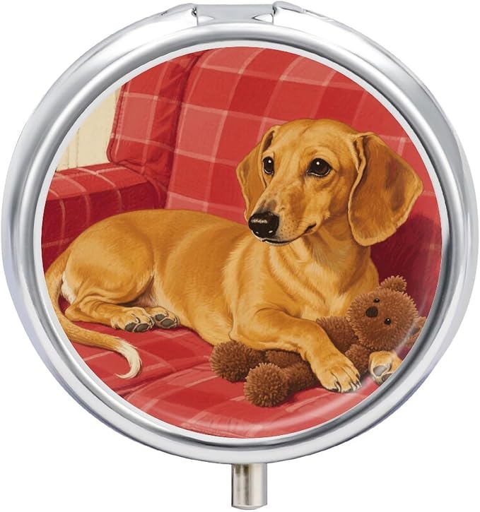 Dachshund Weiner Pet Dog Pill Box 3-Compartment Travel Pill Organizer Portable Round Medicine Case with Mirror Design for Vitamins, Jewelry & Essentials Durable Pocket Pillbox for Purse, Camping