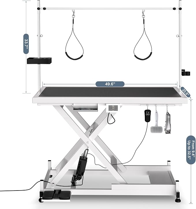 Electric Dog Grooming Table for Large Dogs - Professional Heavy Duty Height Adjustable Home Indoor Pet Grooming Station with Grooming Arm, Anti Slip Tabletop & Tool Organizer, 50''/White