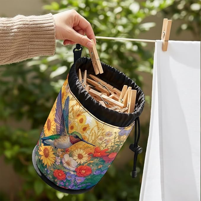Hummingbird Floral Laundry Peg Bag with Drawstring, Clothespin Organizer Pouch with Hanging Loop, Portable Storage for Clips, Perfect for Drying Rack, Camping, Dorm Room