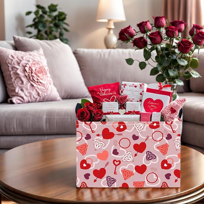 Valentine's Day Basket Gift for Empty Cute Heart Large Storage Bin for Kid and Baby Room Décor (Diamond Key Lock Love)