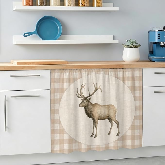Majestic Buck Oven Skirt Curtain for Kitchen Decor 28"x35", Vintage Natural Buck Rustic Linen Plaid Self Adhesive Stove Curtains Skirt Cabinet Curtains for Bathroom Laundry Room