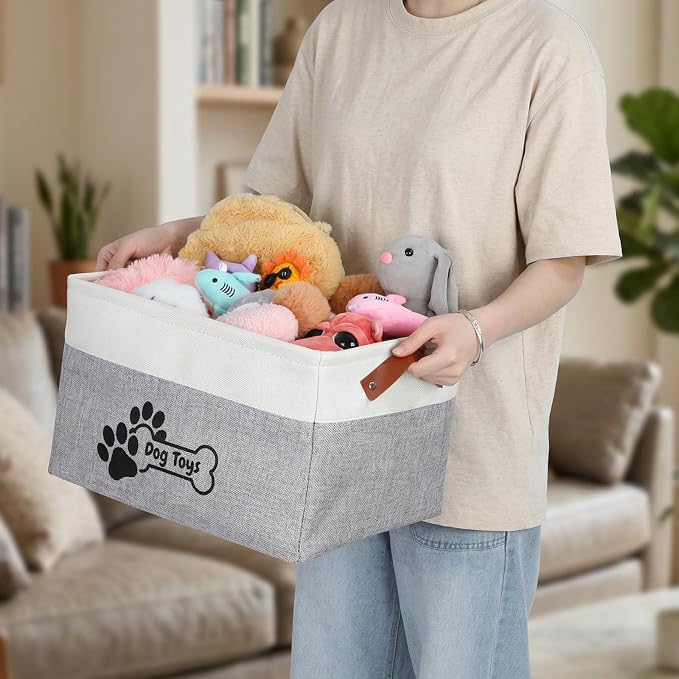 2-Pack Linen Toy Basket for Dogs, Foldable Dog Toy Storage Basket with Handles, Gray Organizer Bin for Pet Toys, Leashes, Blankets & Accessories (15x11x9 Inches)