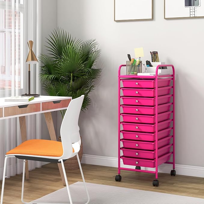 10 Drawer Rolling Storage Cart, Organization Cart on Drawers for Craft Makeup Paper Tool Art Supply, Versatile Utility Cart on Wheels for Home Office Classroom School (Hot Pink)