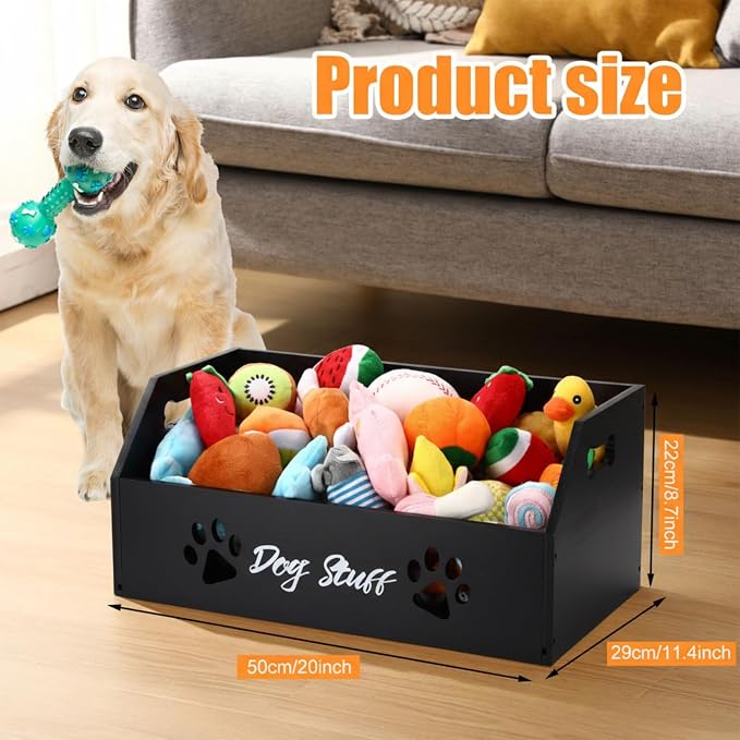 Leinuosen Large Dog Toy Bin Basket, 20 Inch Large Stuff Toy Storage Basket Bin with Bone Handle Cutout Pattern Pine Container for Organizing and Storage Dog Leash Chew Toys(Black, Undivided)