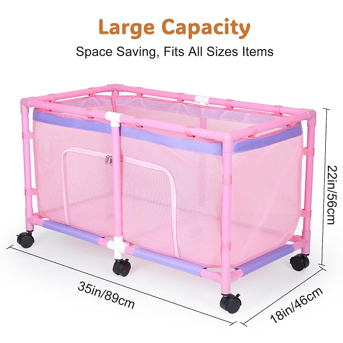 FIOBEE Toy Box for Girls Boys with See-Through Mesh & 360° Rotating Wheels | Kids Toy Chest Organizer, Stable Structure & Easy Install, Extra Large Storage Bin for Clothes, Ball, Pet Toys, Swimming Ring