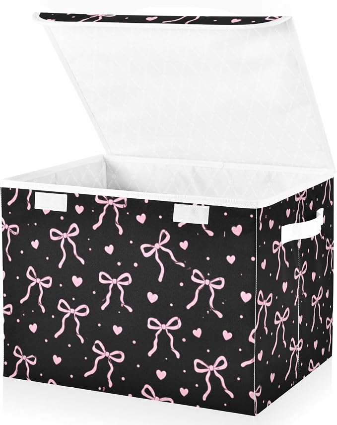 Bow Heart Storage Bins with Lids Closet Bedroom 40L Fabric Bin | Decorative Storage Boxes, Foldable & Stackable, Dust-Proof Flip Top, Reinforced Handles, For Home & Dorm, Clothes & Toy Box