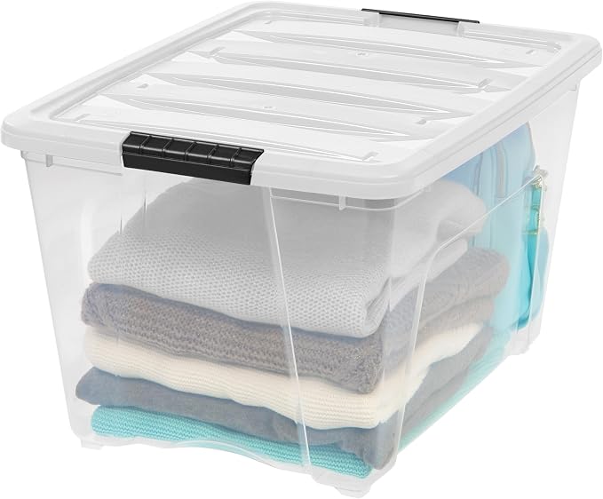 IRIS USA 54 Qt Storage Bins with Lids, 6 Pack, Dividers, Clear/White | Organize tools, pantry staples, cleaning supplies, craft materials, and household essentials with dividers.