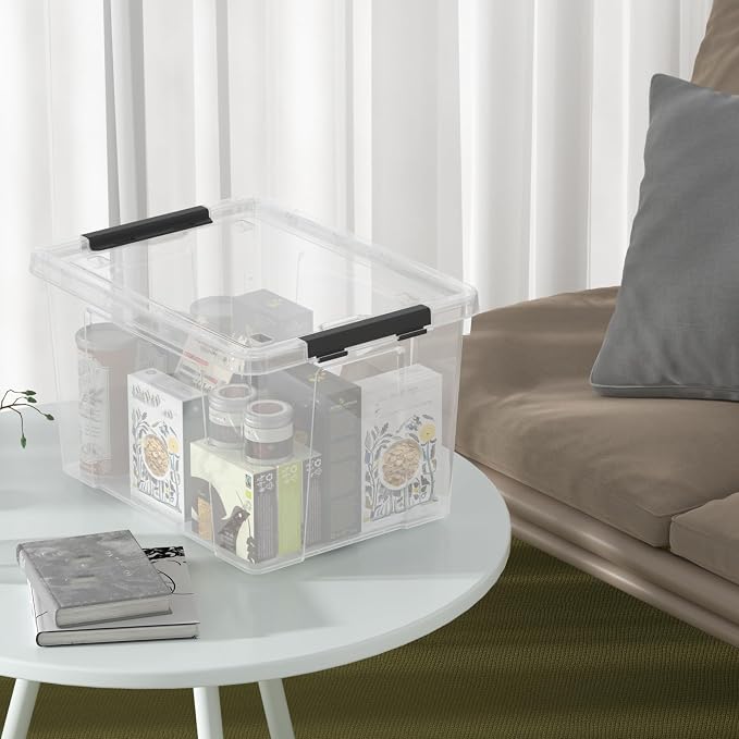40 Quart Plastic Clear Latching Storage Bin with Wheels, 4 Packs | Stackable Plastic Organizer Totes Box with Lids