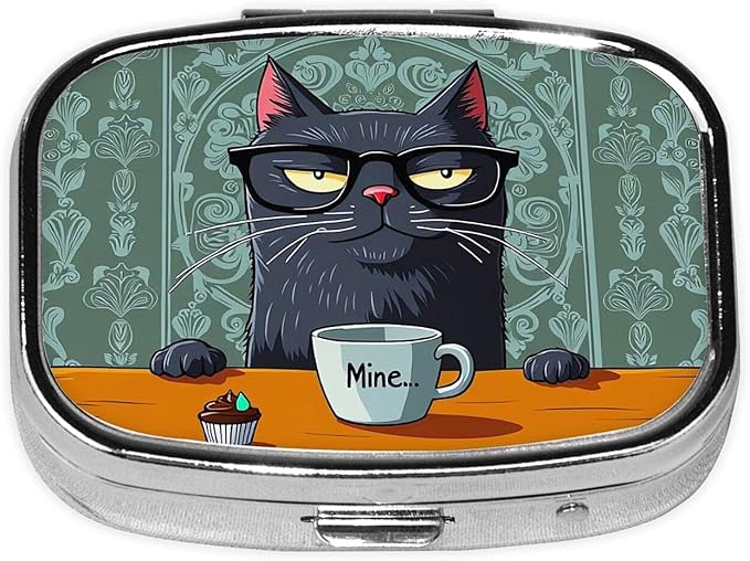 ABLESKY Pill Box, 2 Compartment Pill Organizer Case for Pocket or Purse, Small Portable Metal Travel Medicine Box with Mirror, Daily Vitamins Fish Oil Container-Retro Cat