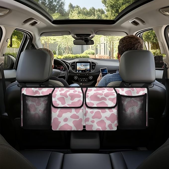 Car Trunk Organizer SUV - Pink Cow Print Car Accessories for Women Quick-Clean Back Seat Car Organizer, Machine Washable