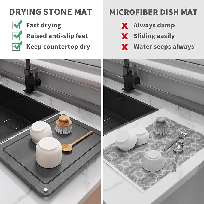 Dish Drying Stone, Water Absorbing Stone Dish Drying Mats for Kitchen Counter, Non-Slip Stone Drying Sink Tray Pad for Dish Bottles Cups, Diatomaceous Earth Sink Caddy Organizer, Grey
