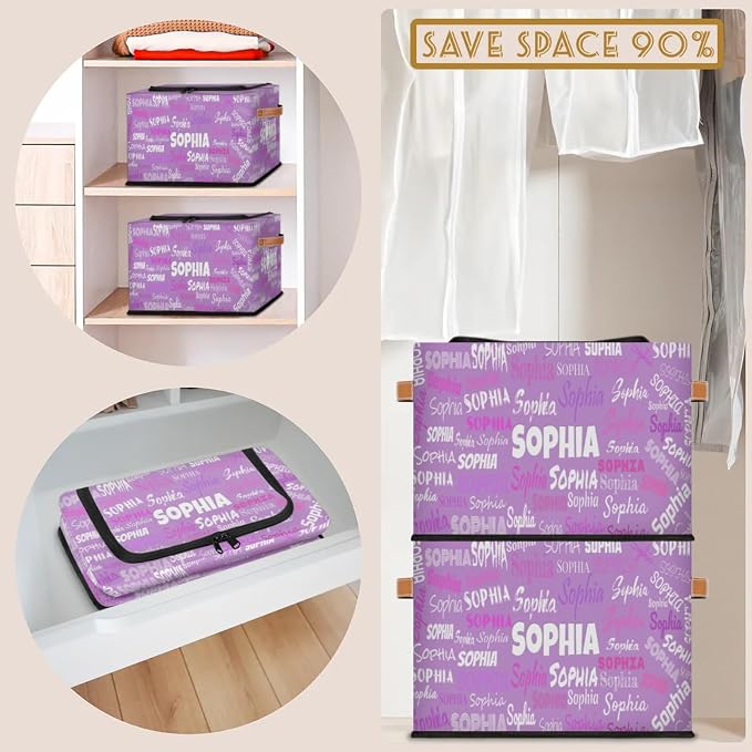 Personalized Storage Basket with Name, Lavender Purple Rectangle Toys Storage Bin with Handles Zipper Lid for Baby, Boys, Girls, Collapsible Basket for Clothes, Books