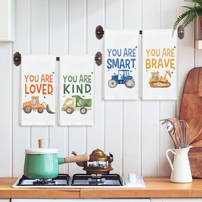 Construction Car You are Brave Kind Kitchen Towels and Dishcloths Set of 4, Inspirational Decorative Kids Hand Towel Drying Cloth for Bathroom, Gift for Boys, 16x24 Inches -02