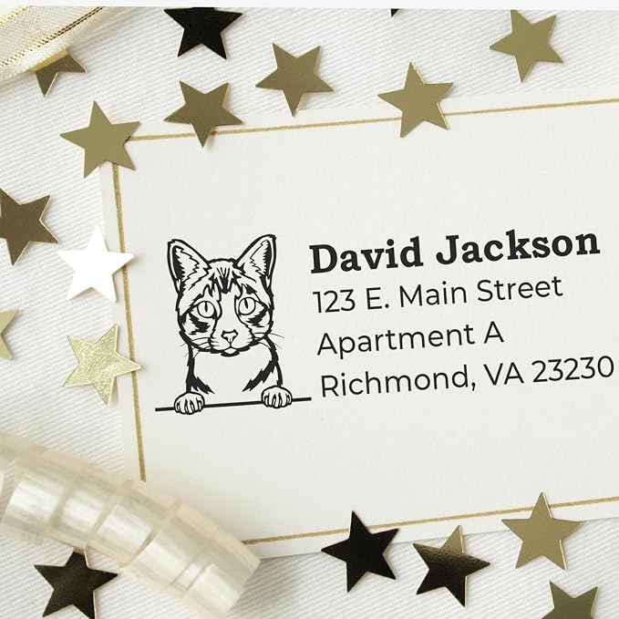 Peeking Ojos Azules Cat Wood Handle Address Stamp - 4 Line Custom Imprint | Up to 50 characters per line. Ojos Azules Cat Stationery Stamp. Custom Address Stamp for Housewarming Gifts. Laser-cut.